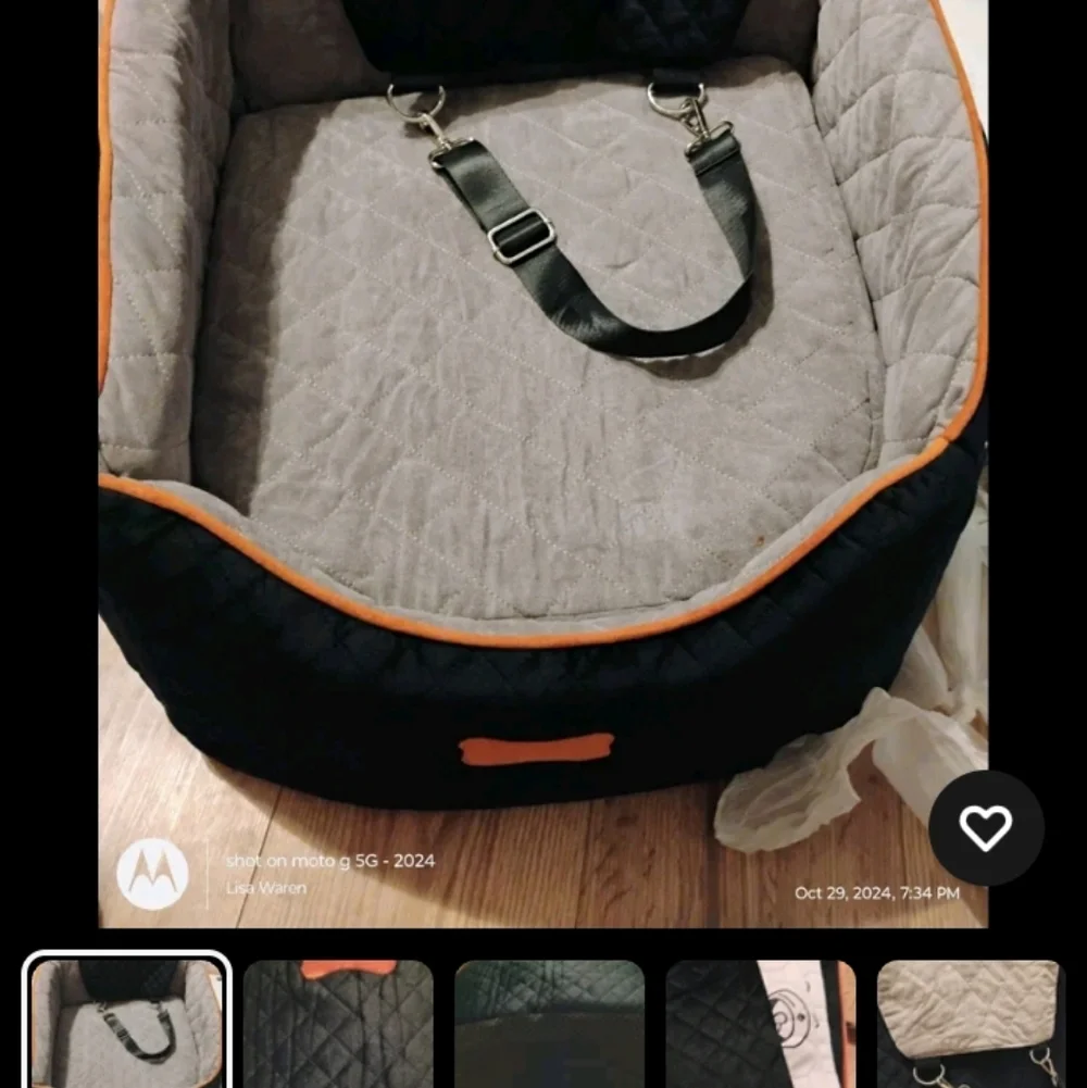 Gray and Black Quilted Car Seat with Orange Trim